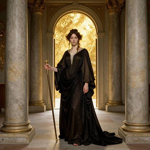 Photograph of a regal woman with curly brown hair, wearing a black, flowing gown, holding a golden staff, standing in a grand, column