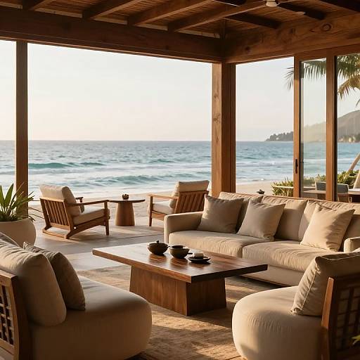 Photograph of a coastal patio with beige cushioned furniture, wooden coffee table, ocean view, and warm sunlight filtering through wooden beams.