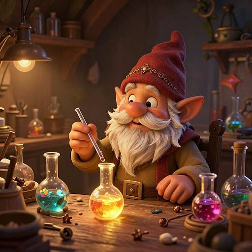 CGI image of a cheerful, white-bearded gnome with red hat, mixing colorful potions in a dimly lit, cozy workshop.