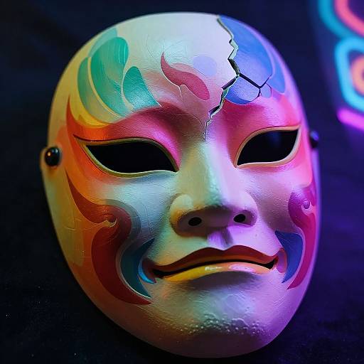 Colorful, cracked masquerade mask with vibrant hues of blue, pink, green, and red, illuminated against a dark background. Photographic image