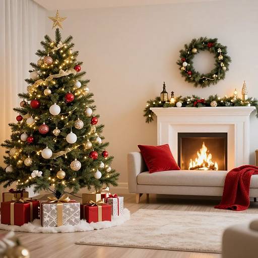 Photograph of a cozy Christmas living room with a lit fireplace, decorated Christmas tree, wreath, red pillows, and wrapped gifts.