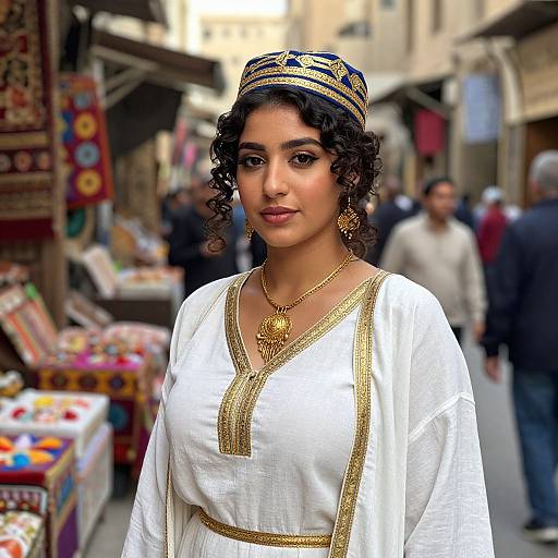 Photograph of a curly-haired woman with brown skin, wearing a white toga-style dress, gold headband, earrings, and necklace, standing in