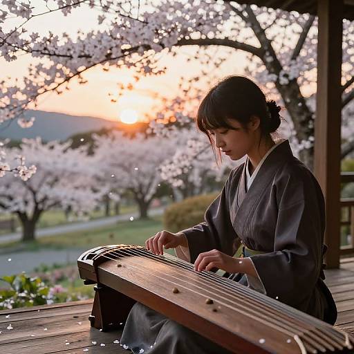 Photograph of a Japanese woman in a traditional black kimono playing a koto on a wooden balcony, with cherry blossoms and a sunset in the