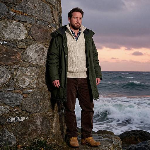 Photograph of a bearded man with short brown hair, wearing a green coat, cream sweater, and brown pants, standing by a rocky sea cliff