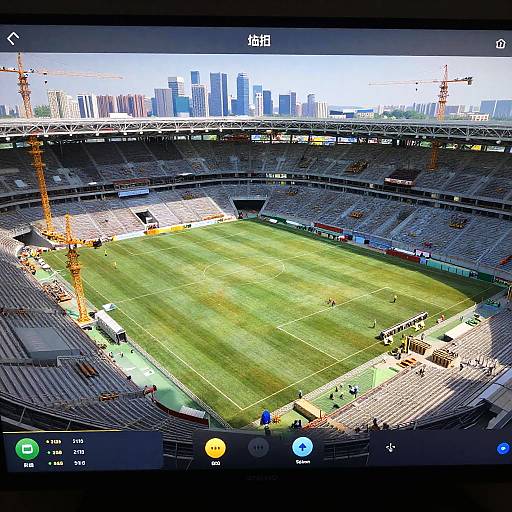 Aerial photograph of a nearly empty, modern stadium with a green football field, surrounded by city skyscrapers and construction cranes.