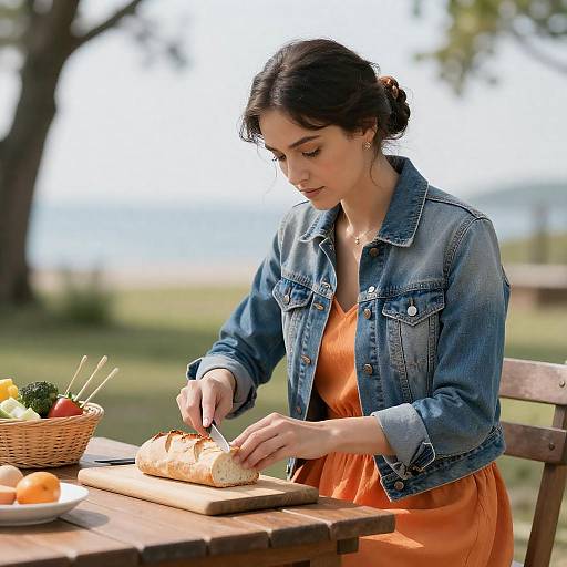 Outdoor Dining: Woman Cutting Bread