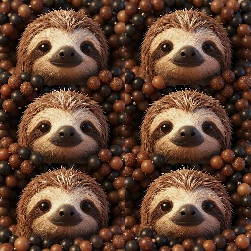 Photorealistic digital image of six sloth faces with brown and white fur, surrounded by a dense pattern of dark and brown beads.
