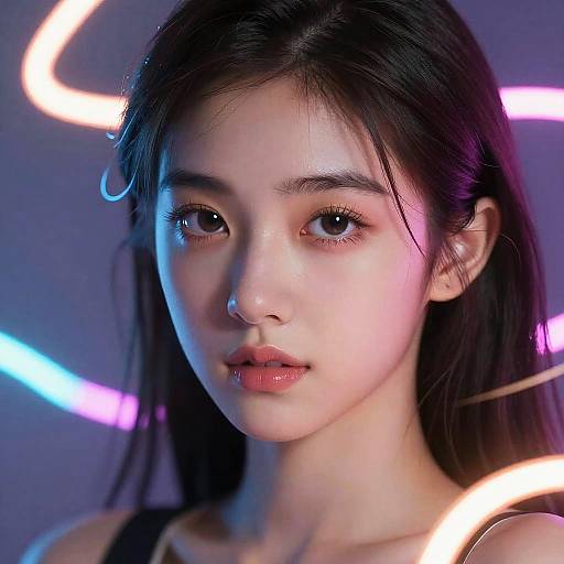 Photograph of an Asian woman with fair skin, long black hair, and wide brown eyes, illuminated by neon blue and pink lights, creating a futuristic