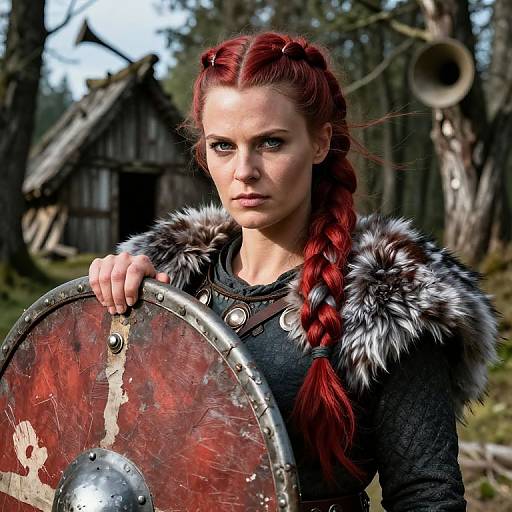 Photograph of a fierce red-haired woman with braided hair, wearing a fur-collared black shirt, holding a metal and red-painted shield
