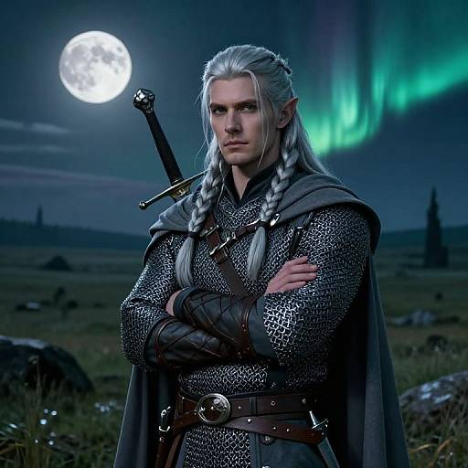 CGI fantasy image of a stern, silver-haired warrior with braided hair, wearing chainmail and a cloak, standing under a glowing full moon and