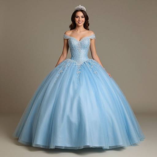 Photograph of a smiling woman in a light blue, off-the-shoulder, fairy tale-style ball gown with a full skirt and sparkling silver ti