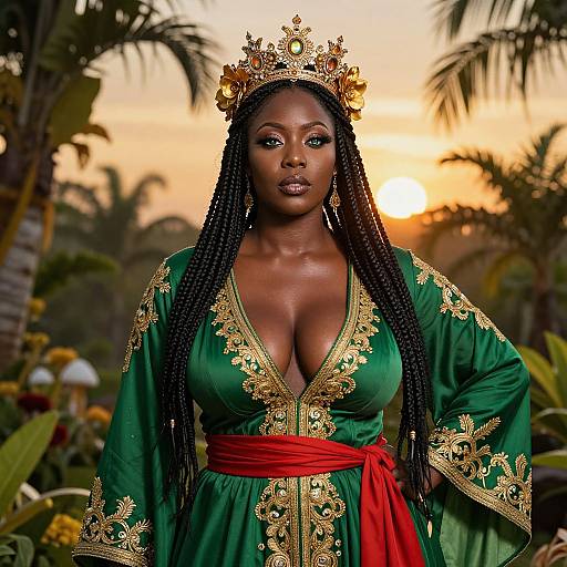 Photograph of a regal Black woman with dark skin, long braids, wearing an ornate green and gold dress, deep V-neck, red