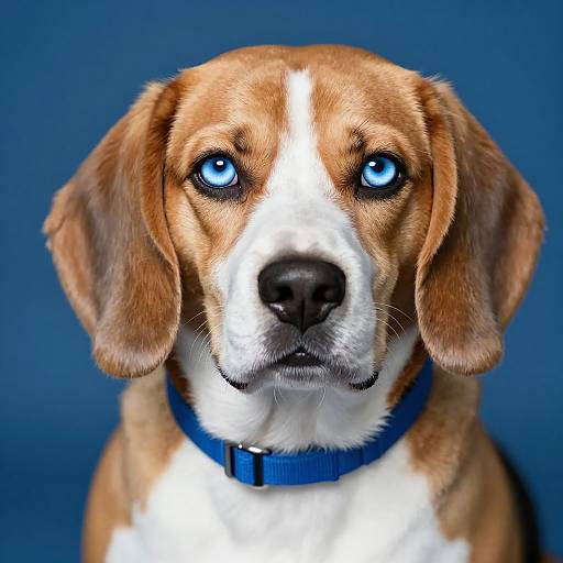 Photograph of a Beagle with striking blue eyes, brown and white fur, and a blue collar, against a solid blue background.