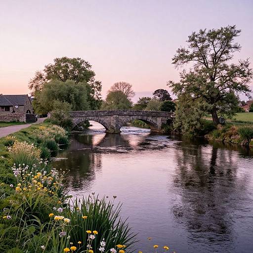 Photograph of a serene river at sunset, reflecting a stone arch bridge, surrounded by lush greenery, wildflowers, and trees.
