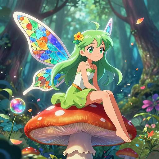 Anime-style digital illustration of a green-haired fairy girl with colorful butterfly wings, sitting on a large red mushroom in a vibrant, enchanted forest.