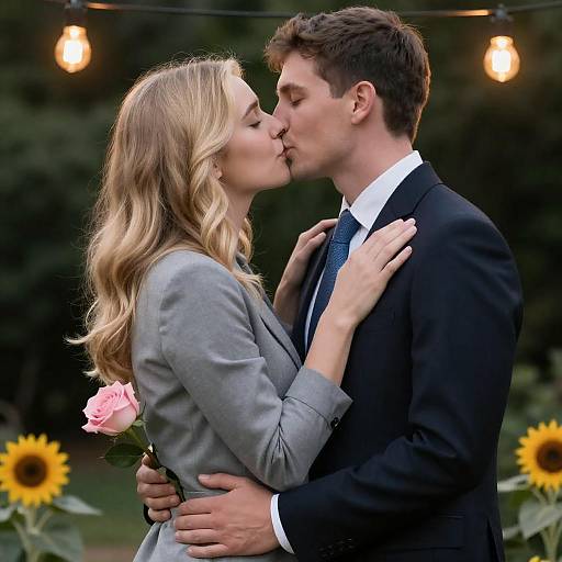 Romantic Evening Kiss Among Sunflowers