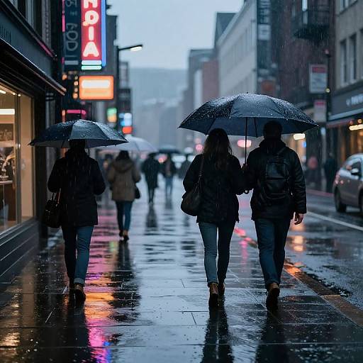Photograph of a rainy urban street at dusk, featuring three people walking under black umbrellas, with neon signs and wet pavement reflections.