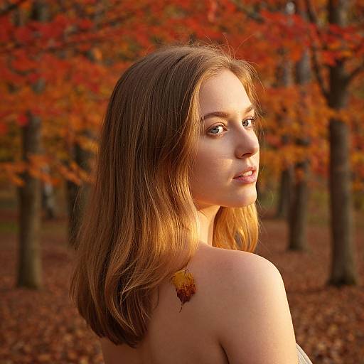 Photograph of a young woman with light brown hair, fair skin, and green eyes, looking back over her shoulder in an autumn forest, with vibrant