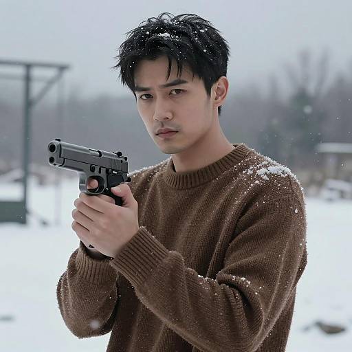 Serious Man in Snowy Landscape with Handgun