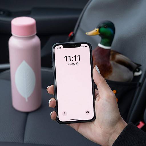 Hand Holding Smartphone with Pink Screen and Mallard Duck Backpack
