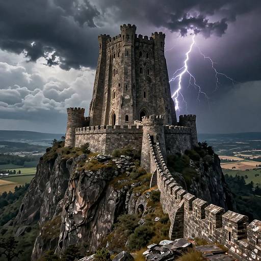Photorealistic digital art of a dramatic, lightning-struck medieval stone castle perched on a rocky hilltop, with dark, stormy clouds.