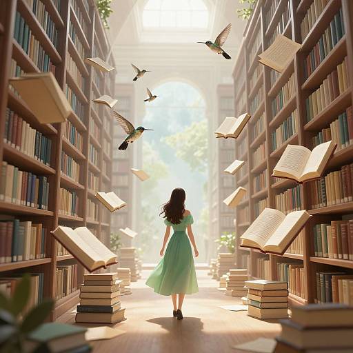 Digital illustration of a woman in a green dress, walking away from towering bookshelves, with floating books and birds in a sunlit library.