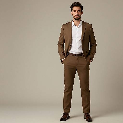 Photograph of a handsome, bearded man with dark hair, wearing a brown suit, white shirt, black belt, and black shoes, standing confidently