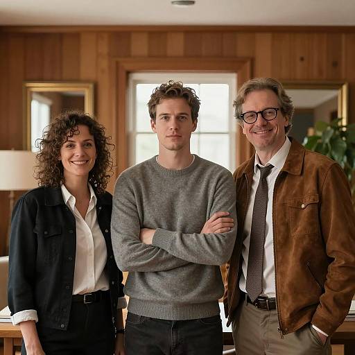 Three Adults Standing in Wooden-Paneled Room