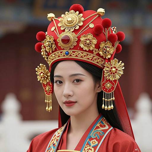 Photograph of an East Asian woman with fair skin, wearing a red and gold ornate traditional crown and matching robe, against a blurred cultural background.