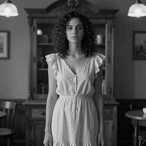 Black and White Portrait of Woman in Ruffled Dress
