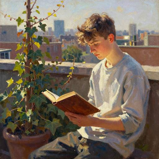 Thoughtful Teen Reading in Rooftop Garden