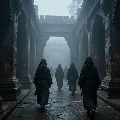 Photograph of misty, ancient temple corridor with four hooded figures walking away, wearing dark robes, surrounded by stone archways and pillars.
