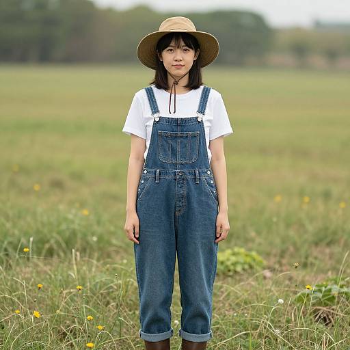 Photograph of an Asian woman with straight black hair, wearing a straw hat, white t-shirt, and blue denim overalls, standing in a grass
