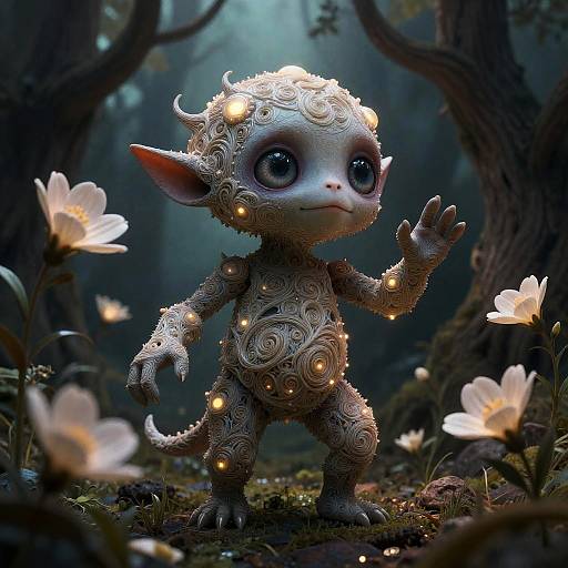 Digital fantasy art: Adorable, small, glowing, horned creature with large eyes, intricate swirling patterns, standing in enchanted forest, surrounded by lum