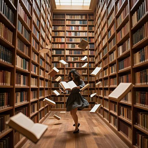 Anime-style photograph of a girl with long brown hair, wearing a dark dress, running through a library with floating books. Warm wooden shelves and floor,