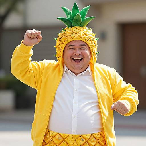 Photograph of a smiling, middle-aged Asian man in a bright yellow pineapple costume, raising his fist in celebration. Background shows blurred urban setting.