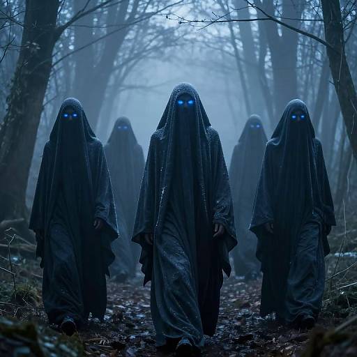 Photograph of five ghostly figures in tattered, blue-tinged cloaks with glowing blue eyes, walking through a misty, dark forest