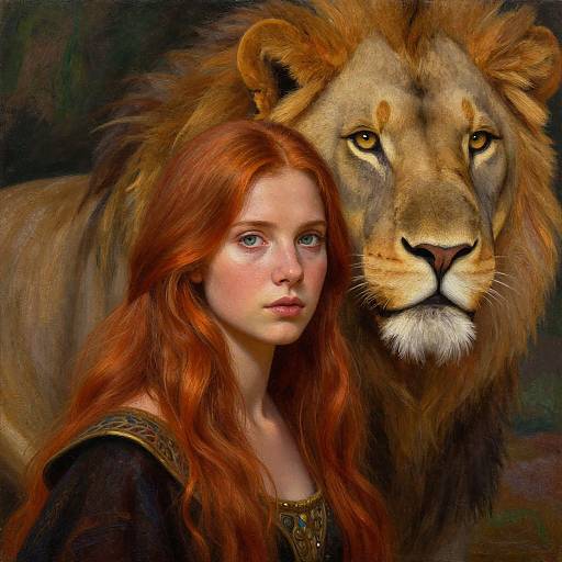 Digital painting of a red-haired young woman with fair skin, blue eyes, and a majestic lion standing behind her, dark forest background.