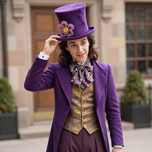 Photograph of a smiling young man with wavy brown hair, wearing a purple top hat, purple coat, gold-patterned vest, and bow tie
