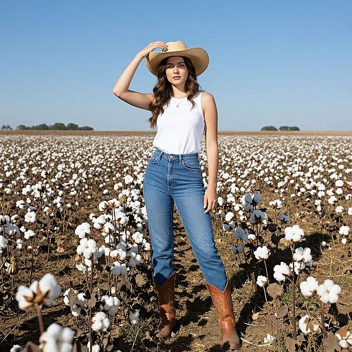 Photograph of a young woman with long brown hair, wearing a white tank top, blue high-waisted jeans, brown boots, and a straw
