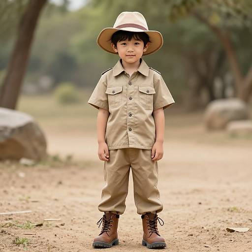 Photograph of young Asian boy wearing beige scout uniform, wide-brimmed hat, brown boots, standing on dirt path in forest.