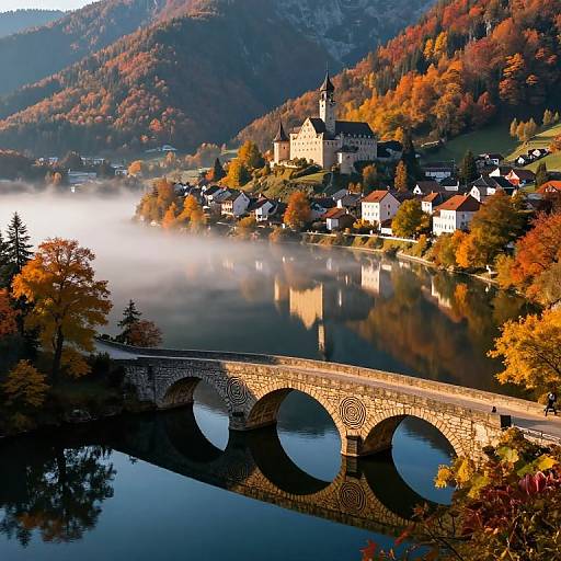 Photograph of a serene autumn village with a stone bridge, reflective lake, mist, colorful trees, and a church atop a hill.
