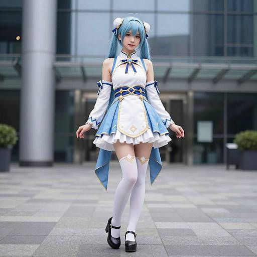 Digital CGI of a blue-haired anime girl in white and blue outfit with detached sleeves, thigh-high stockings, and black Mary Jane shoes, walking in a