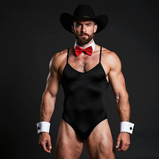 Muscular Man in Black Leotard and Cowboy Hat
