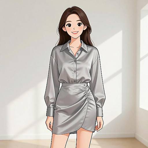 Anime-style digital drawing of a smiling woman with long dark hair, wearing a silver satin long-sleeve button-up dress, standing in a sunlit