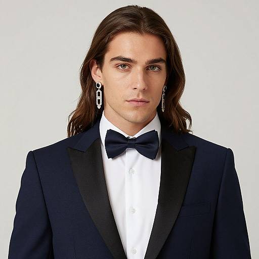 Photograph of a young man with long brown hair, wearing a black tuxedo, white shirt, black bow tie, and silver earrings, against