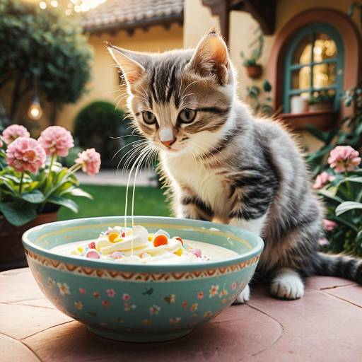 Kitten curious about bowl of cream on garden patio