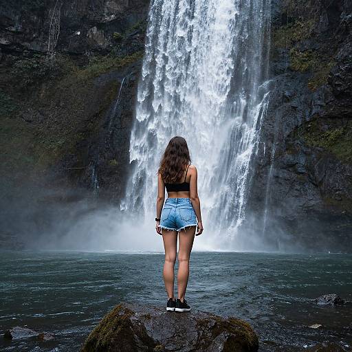 Photograph of a woman with long brown hair, wearing a black crop top and blue denim shorts, standing on a rock, facing a powerful, casc