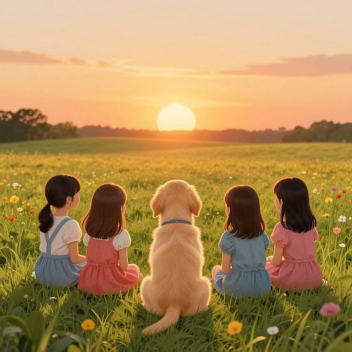 Digital artwork of four girls in colorful dresses, sitting in a sunlit meadow, facing a sunset with a golden retriever beside them.