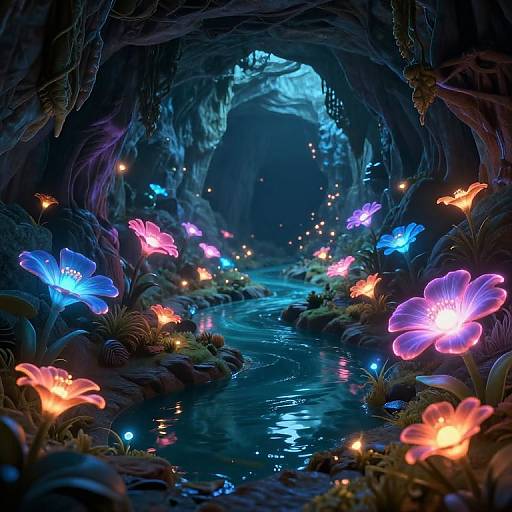 Fantastical cave illuminated by glowing, multicolored flowers and fireflies along a winding, reflective stream, creating a magical, bioluminescent